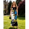 Vacation Gothic Couple Outfit Contrast Color Butterfly Floral Skulls Pattern Spaghetti Strap Bodycon Maxi Dress and Shirt Set - Bleu S | US 4