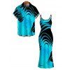 Vacation Couple Outfit Neon Contrast Color Liquid Flow Wave Print Spaghetti Strap Bodycon Maxi Dress and Shirt Set - Bleu Toile de Jean S | US 4