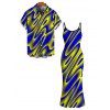Vacation Couple Outfit Clorblock Abstract Fluid Swirl Print Spaghetti Strap Bodycon Maxi Dress and Shirt Set - multicolor A S | US 4