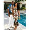 Vacation Couple Outfit Vintage Baroque Floral Print Spaghetti Strap Maxi Bodycon Dress and Shirt Set - multicolor A S | US 4