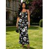 Gothic Couple Outfit Skulls Skeleton Rose Print Spaghetti Strap Maxi Bodycon Dress and Shirt Set - Noir S | US 4
