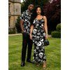 Gothic Couple Outfit Skulls Skeleton Rose Print Spaghetti Strap Maxi Bodycon Dress and Shirt Set - Noir S | US 4