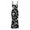 Gothic Couple Outfit Skulls Skeleton Rose Print Spaghetti Strap Maxi Bodycon Dress and Shirt Set - Noir S | US 4
