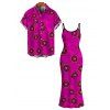 Vintage Couple Outfit Geometric Concentric Circle Print Spaghetti Strap Maxi Bodycon Dress and Shirt Set - Rouge Rose S | US 4