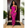 Vintage Couple Outfit Geometric Concentric Circle Print Spaghetti Strap Maxi Bodycon Dress and Shirt Set - Rouge Rose S | US 4