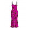 Vintage Couple Outfit Geometric Concentric Circle Print Spaghetti Strap Maxi Bodycon Dress and Shirt Set - Rouge Rose S | US 4