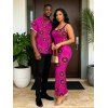 Vintage Couple Outfit Geometric Concentric Circle Print Spaghetti Strap Maxi Bodycon Dress and Shirt Set - Rouge Rose S | US 4