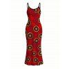 Vintage Couple Outfit Geometric Concentric Circle Print Spaghetti Strap Maxi Bodycon Dress and Shirt Set - Rouge Cerise S | US 4