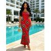 Vintage Couple Outfit Geometric Concentric Circle Print Spaghetti Strap Maxi Bodycon Dress and Shirt Set - Rouge Cerise S | US 4