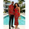 Vintage Couple Outfit Geometric Concentric Circle Print Spaghetti Strap Maxi Bodycon Dress and Shirt Set - Rouge Cerise S | US 4