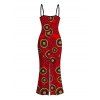 Vintage Couple Outfit Geometric Concentric Circle Print Spaghetti Strap Maxi Bodycon Dress and Shirt Set - Rouge Cerise S | US 4