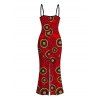 Vintage Dress Geometric Concentric Circle Print Spaghetti Strap Maxi Bodycon Dress - Rouge Cerise S | US 4