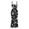 Gothic Dress Skulls Skeleton Rose Print Spaghetti Strap Maxi Bodycon Dress - Noir XXL | US 14