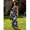 Gothic Dress Skulls Skeleton Rose Print Spaghetti Strap Maxi Bodycon Dress - Noir XXL | US 14