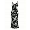 Gothic Dress Skulls Skeleton Rose Print Spaghetti Strap Maxi Bodycon Dress - Noir XXL | US 14