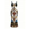 Vacation Dress Vintage Baroque Floral Print Spaghetti Strap Maxi Bodycon Dress - multicolor A XXL | US 14