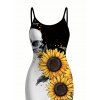 Vacation Gothic Dress Contrast Color Sunflower Skulls Pattern Spaghetti Strap Bodycon Maxi Dress - Noir XXL | US 14