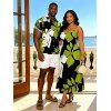 Hawaiian Vacation Couple Outfit Bicolor Hibiscus Floral Print Pocket Spaghetti Strap Dress and Shirt Set - Vert S | US 4