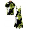 Hawaiian Vacation Couple Outfit Bicolor Hibiscus Floral Print Pocket Spaghetti Strap Dress and Shirt Set - Vert S | US 4