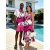 Hawaiian Vacation Couple Outfit Colorblock Abstract Line Print Pocket Spaghetti Strap Dress and Shirt Set - Rose Vif S | US 4