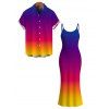 Hawaiian Vacation Couple Outfit Ombre Print Spaghetti Strap Bodycon Dress and Shirt Set - multicolor S | US 4