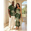 Hawaiian Vacation Couple Outfit Tropical Palm Tree Print Spaghetti Strap Bodycon Dress and Shirt Set - Vert Armée S | US 4