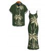 Hawaiian Vacation Couple Outfit Tropical Palm Tree Print Spaghetti Strap Bodycon Dress and Shirt Set - Vert Armée S | US 4