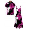 Hawaiian Vacation Couple Outfit Bicolor Hibiscus Floral Print Pocket Spaghetti Strap Dress and Shirt Set - Rose Vif S | US 4