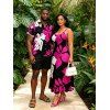 Hawaiian Vacation Couple Outfit Bicolor Hibiscus Floral Print Pocket Spaghetti Strap Dress and Shirt Set - Rose Vif S | US 4
