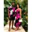 Hawaiian Vacation Couple Outfit Bicolor Hibiscus Floral Print Pocket Spaghetti Strap Dress and Shirt Set - Rose Vif S | US 4