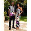 Vacation Couple Outfit Zig Zag Lily Floral Print Spaghetti Strap Maxi Bodycon Dress and Shirt Set - multicolor A S | US 4