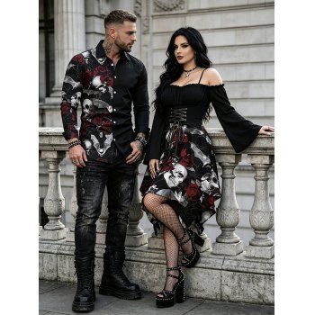 Gothic Couple Outfit Skull Rose Print Lace Up Off the Shoulder Handkerchief Dress and Shirt Set