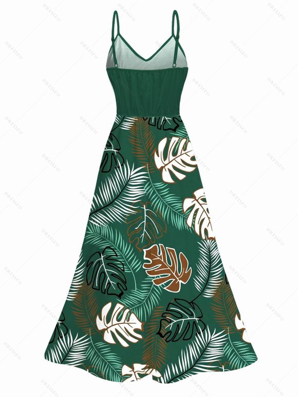 Hawaiian Vacation Dress Tropical Monstera Leaf Print Lace Hollow Out Spaghetti Strap Slit Dress - PLANT GREEN XXXXXL | US 20