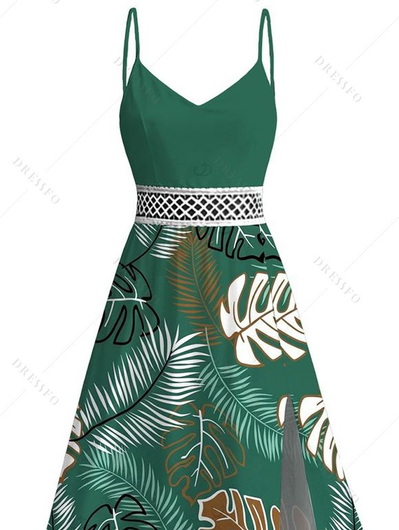 Hawaiian Vacation Dress Tropical Monstera Leaf Print Lace Hollow Out Spaghetti Strap Slit Dress - PLANT GREEN XXXXXL | US 20