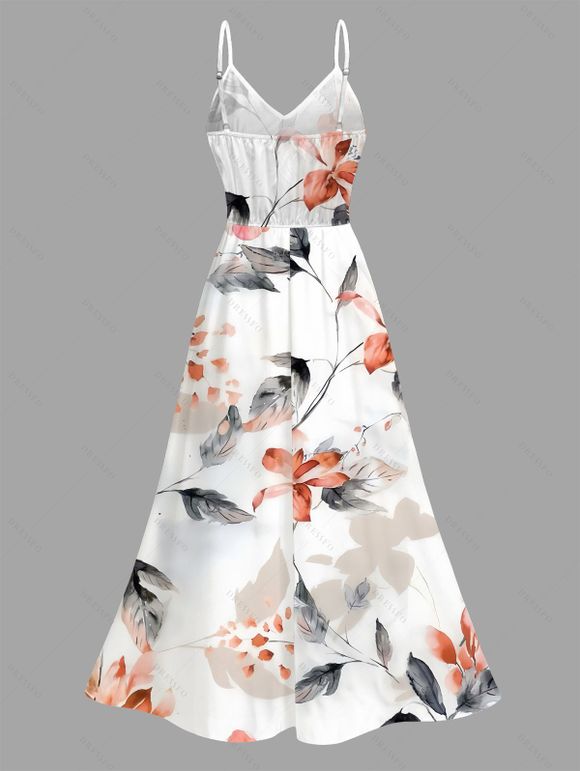 Vacation Dress Watercolor Flower Leaf Print Lace Hollow Out Spaghetti Strap Slit Dress - Rose clair XXXXXL | US 20
