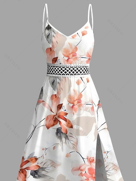 Vacation Dress Watercolor Flower Leaf Print Lace Hollow Out Spaghetti Strap Slit Dress - Rose clair XXXXXL | US 20