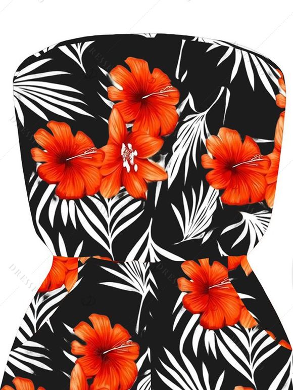Hawaiian Vacation Romper Tropical Hibiscus Floral Palm Leaf Print Pocket Off the Shoulder Romper - Noir XXL | US 14