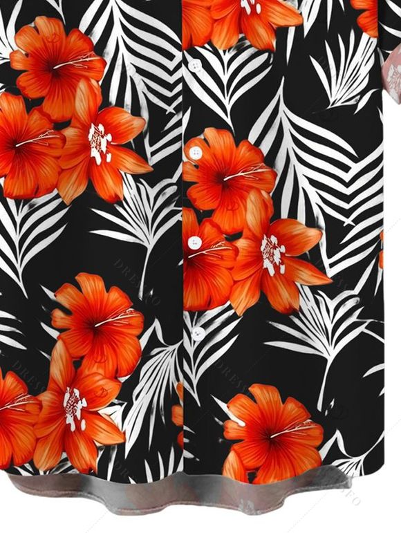 Men's Hawaiian Vacation Shirt Tropical Hibiscus Floral Palm Leaf Print Button Up Shirt - Noir 5XL