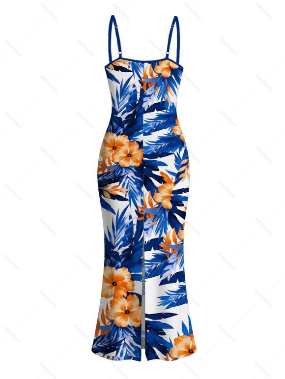 Hawaiian Vacation Dress Hibiscus Floral Tropical Leaf Print Spaghetti Strap Maxi Bodycon Dress - Bleu Marine M | US 6
