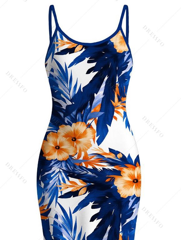 Hawaiian Vacation Dress Hibiscus Floral Tropical Leaf Print Spaghetti Strap Maxi Bodycon Dress - Bleu Marine M | US 6