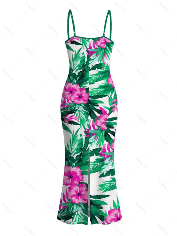 Hawaiian Vacation Dress Hibiscus Floral Tropical Leaf Print Spaghetti Strap Maxi Bodycon Dress - Vert XXL | US 14