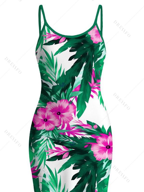 Hawaiian Vacation Dress Hibiscus Floral Tropical Leaf Print Spaghetti Strap Maxi Bodycon Dress - Vert XXL | US 14