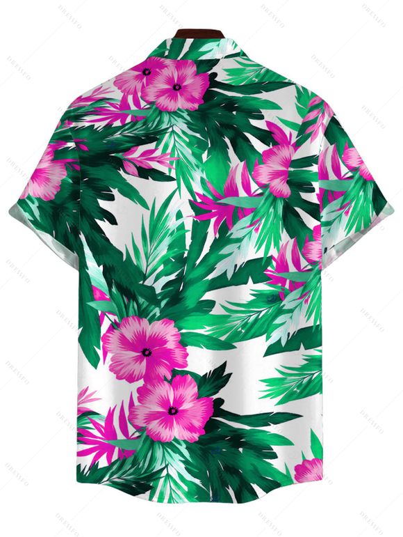 Men's Hawaiian Vacation Shirt Hibiscus Floral Tropical Leaf Print Button Up Shirt - Vert L