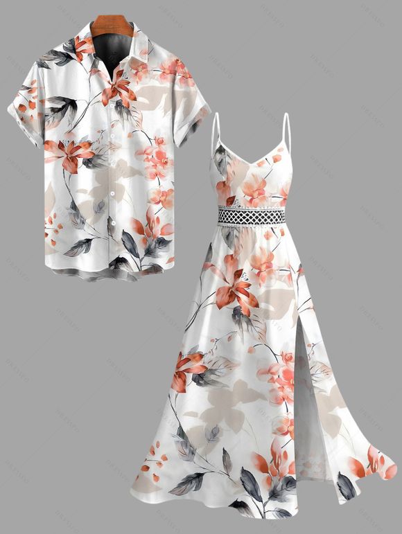 Vacation Couple Outfit Watercolor Flower Leaf Print Lace Hollow Out Spaghetti Strap Slit Dress and Shirt Set - Rose clair S | US 4