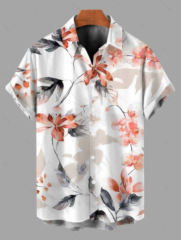 Vacation Couple Outfit Watercolor Flower Leaf Print Lace Hollow Out Spaghetti Strap Slit Dress and Shirt Set - Rose clair S | US 4