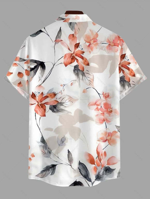Vacation Couple Outfit Watercolor Flower Leaf Print Lace Hollow Out Spaghetti Strap Slit Dress and Shirt Set - Rose clair S | US 4