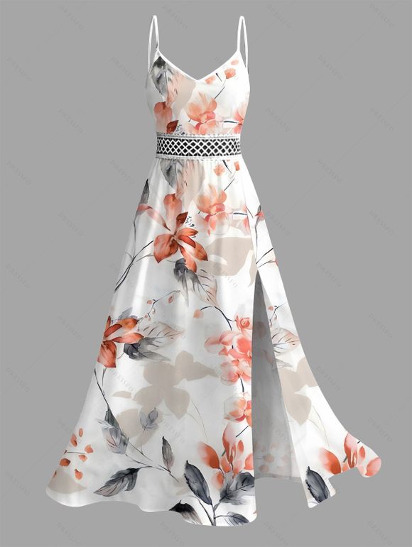 Vacation Couple Outfit Watercolor Flower Leaf Print Lace Hollow Out Spaghetti Strap Slit Dress and Shirt Set - Rose clair S | US 4