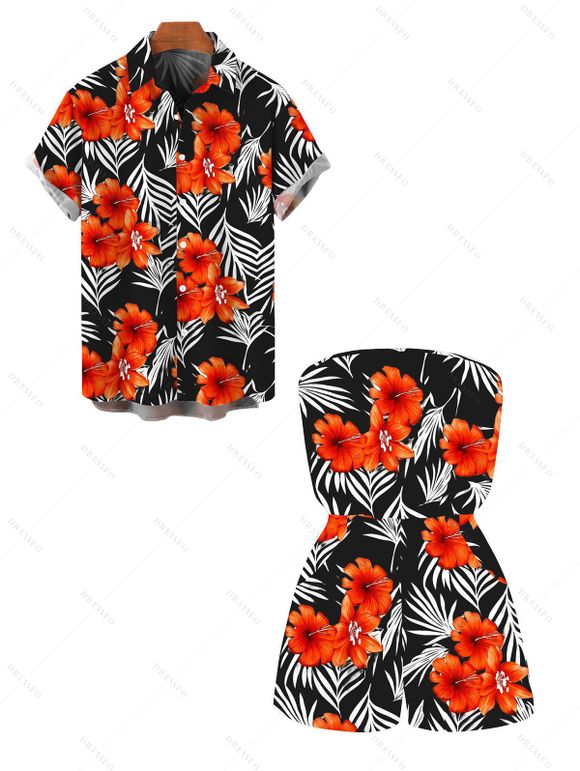 Hawaiian Vacation Couple Outfit Tropical Hibiscus Floral Palm Leaf Print Pocket Off the Shoulder Romper and Shirt Set - Noir S | US 4