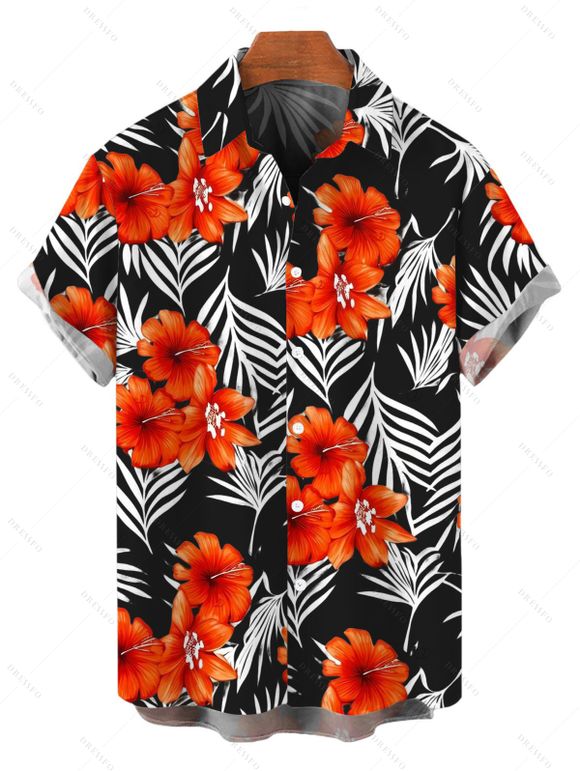 Hawaiian Vacation Couple Outfit Tropical Hibiscus Floral Palm Leaf Print Pocket Off the Shoulder Romper and Shirt Set - Noir S | US 4