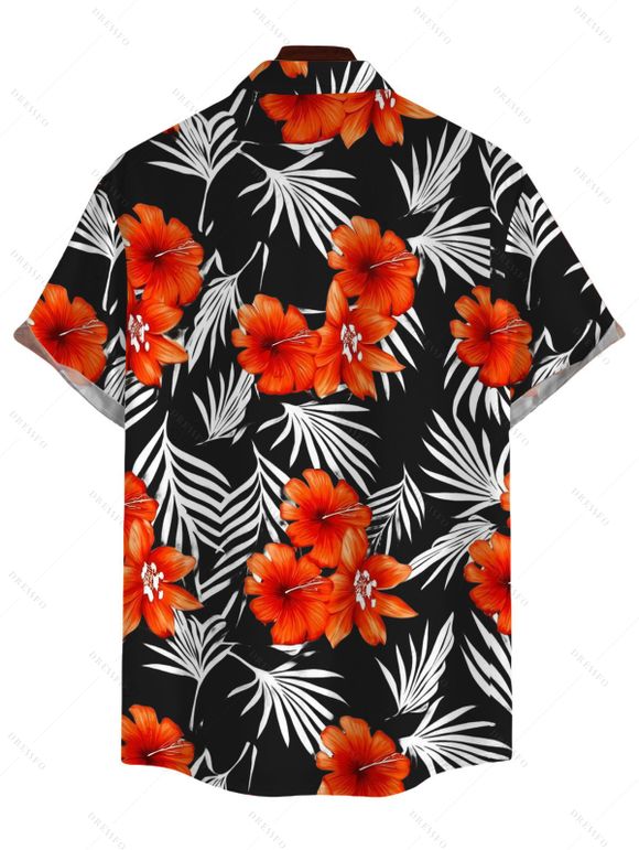 Hawaiian Vacation Couple Outfit Tropical Hibiscus Floral Palm Leaf Print Pocket Off the Shoulder Romper and Shirt Set - Noir S | US 4